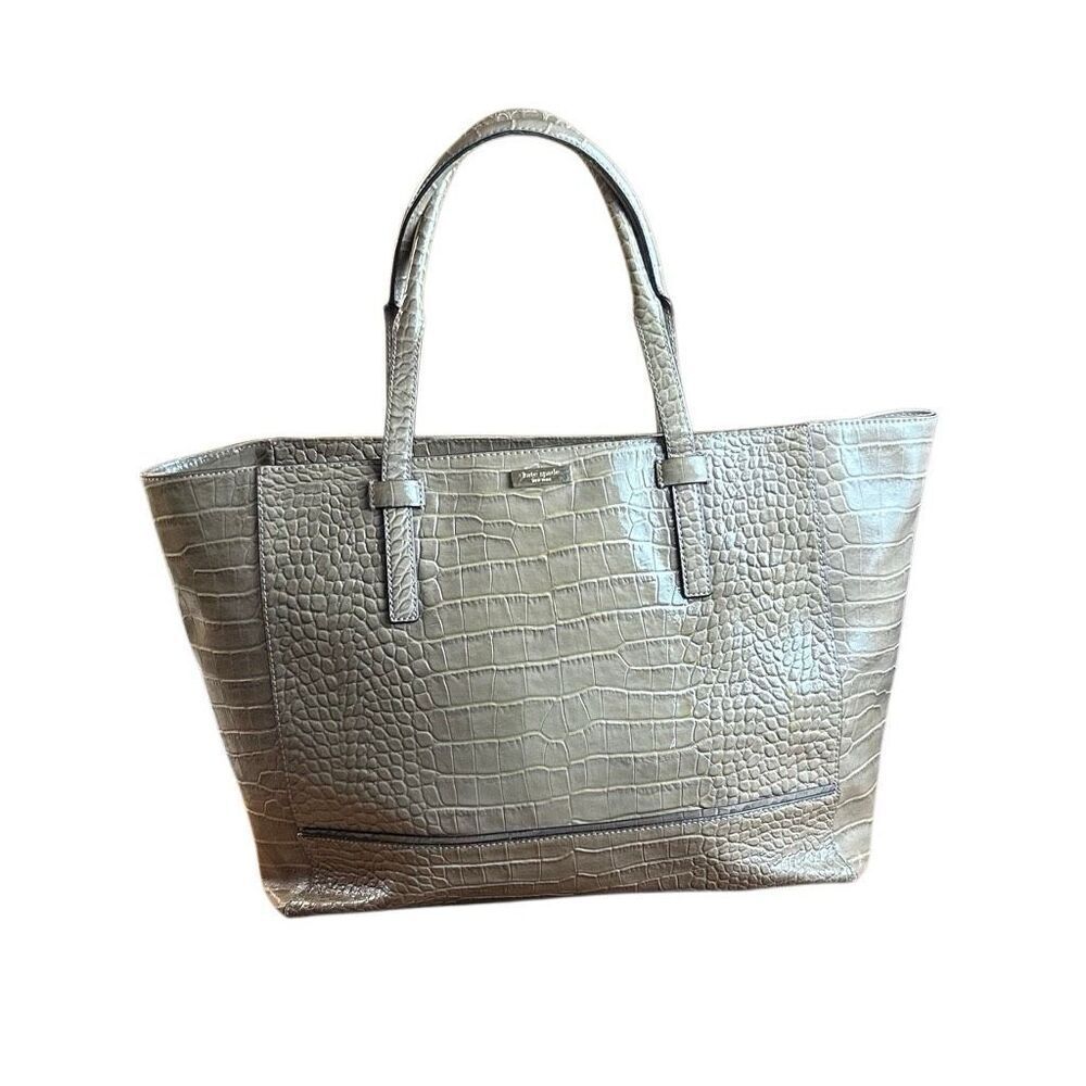Kate Spade Large Croc Embossed Leather Tote Bag Beige Work Bag Preowned
